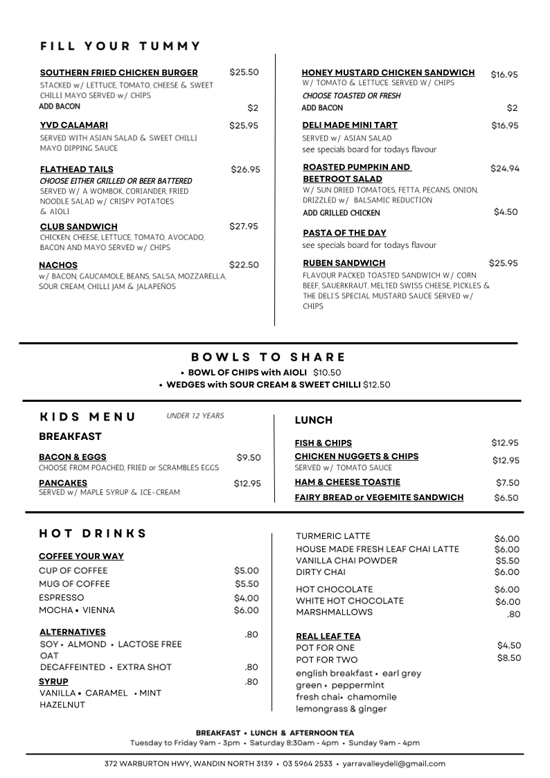 Menu, Yarra Valley Deli and Cafe