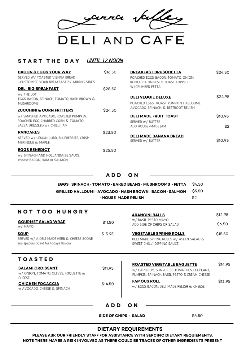 Menu, Yarra Valley Deli and Cafe