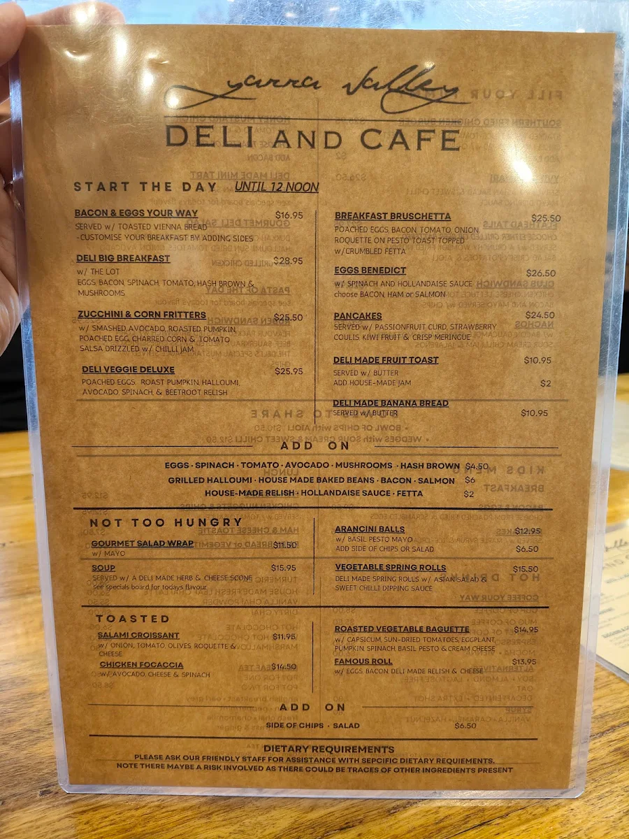 Menu, Yarra Valley Deli and Cafe