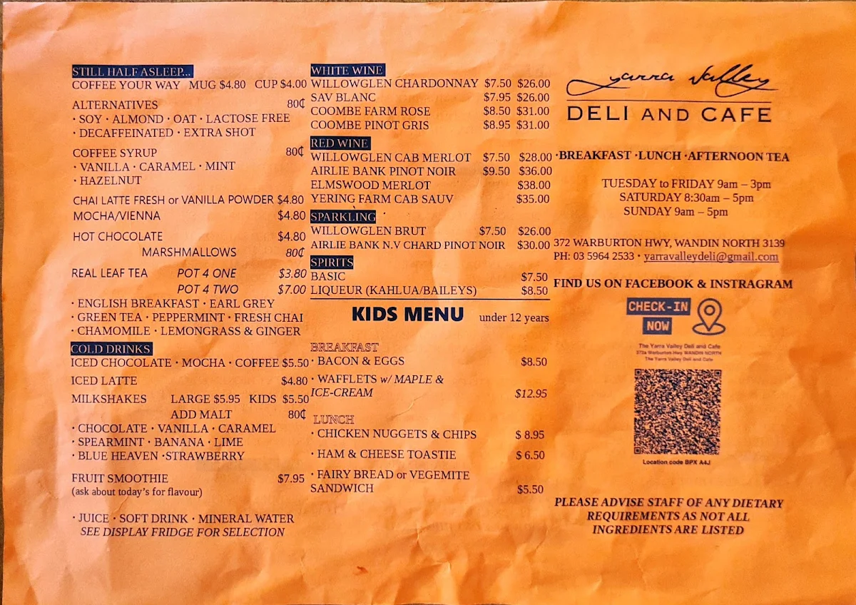 Menu, Yarra Valley Deli and Cafe