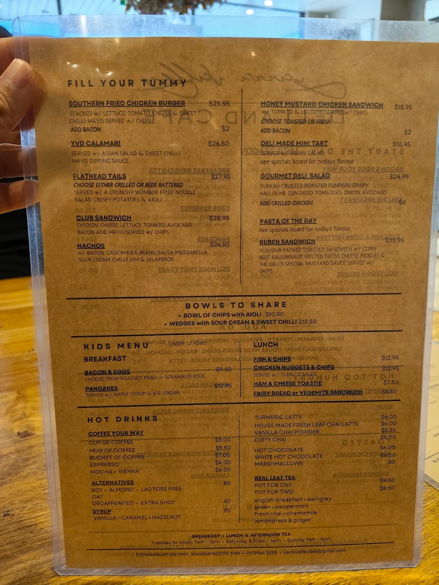 Menu, Yarra Valley Deli and Cafe