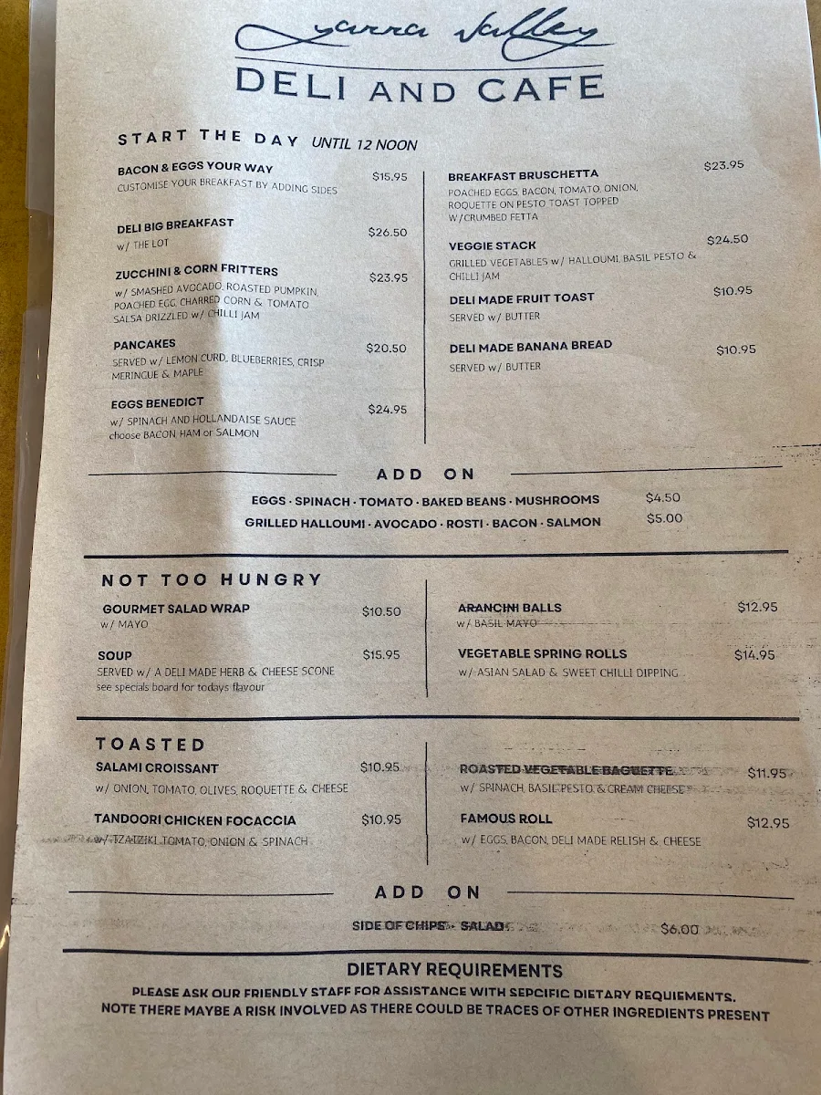 Menu, Yarra Valley Deli and Cafe