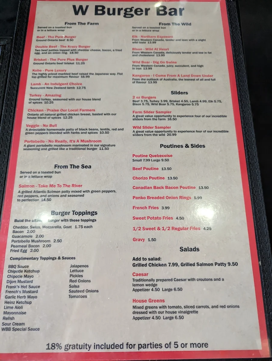 Menu, W Burger Bar