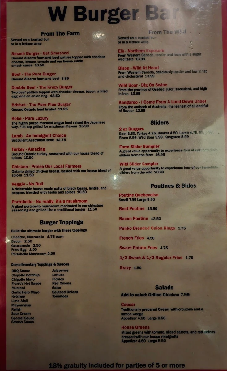 Menu, W Burger Bar