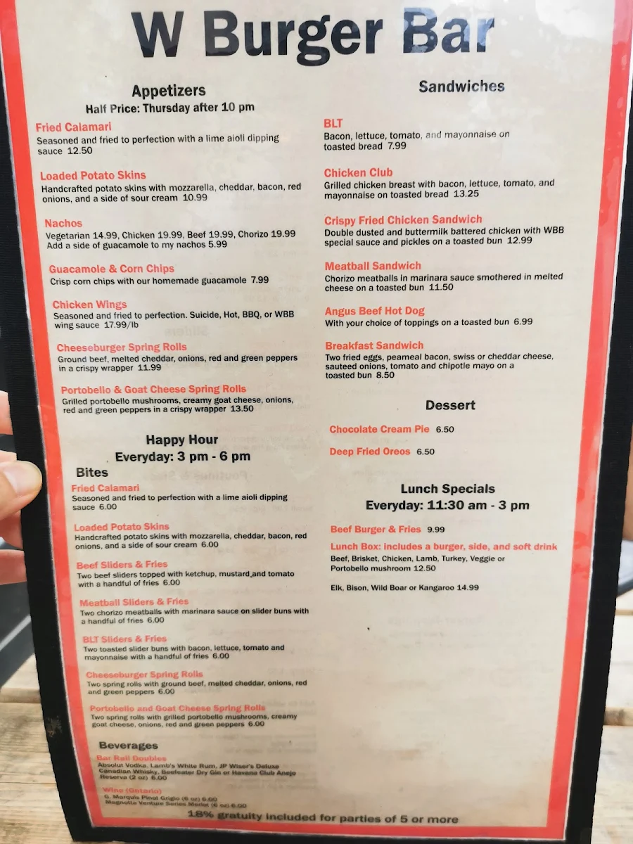 Menu, W Burger Bar