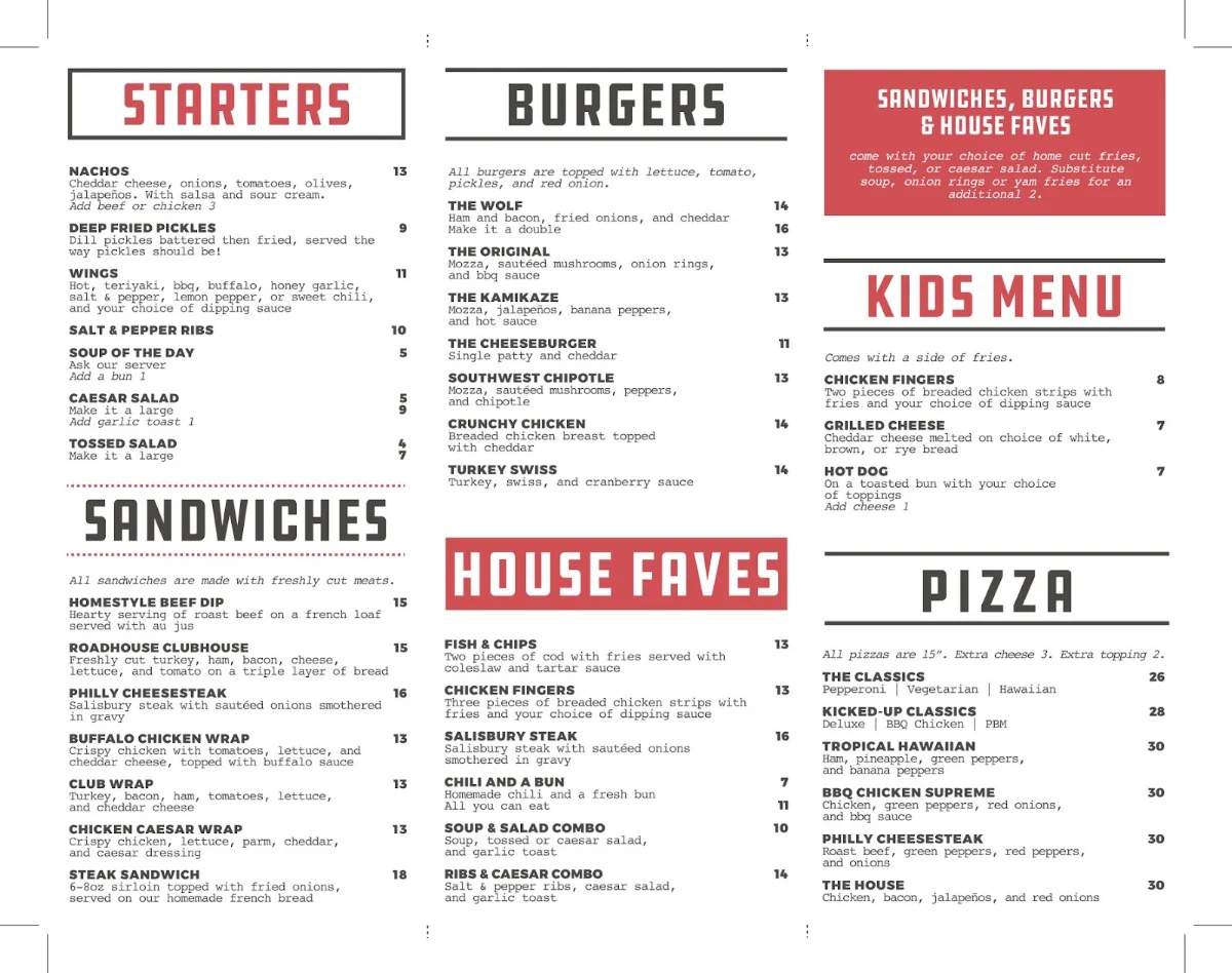 Menu, The Roadhouse Cafe