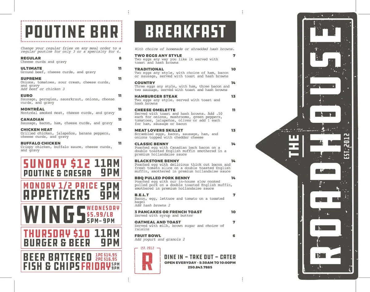 Menu, The Roadhouse Cafe