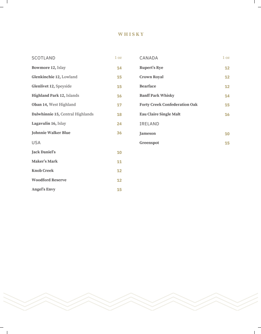 Menu, Sky Bistro