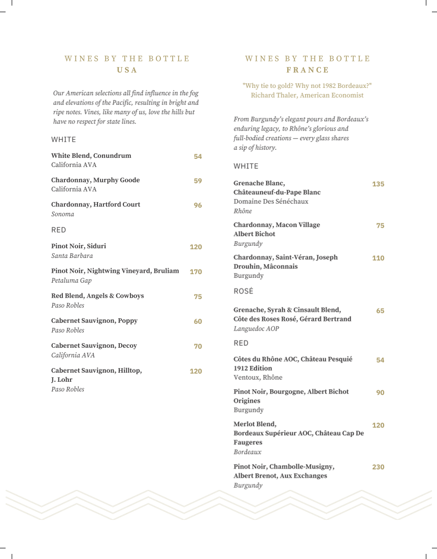 Menu, Sky Bistro