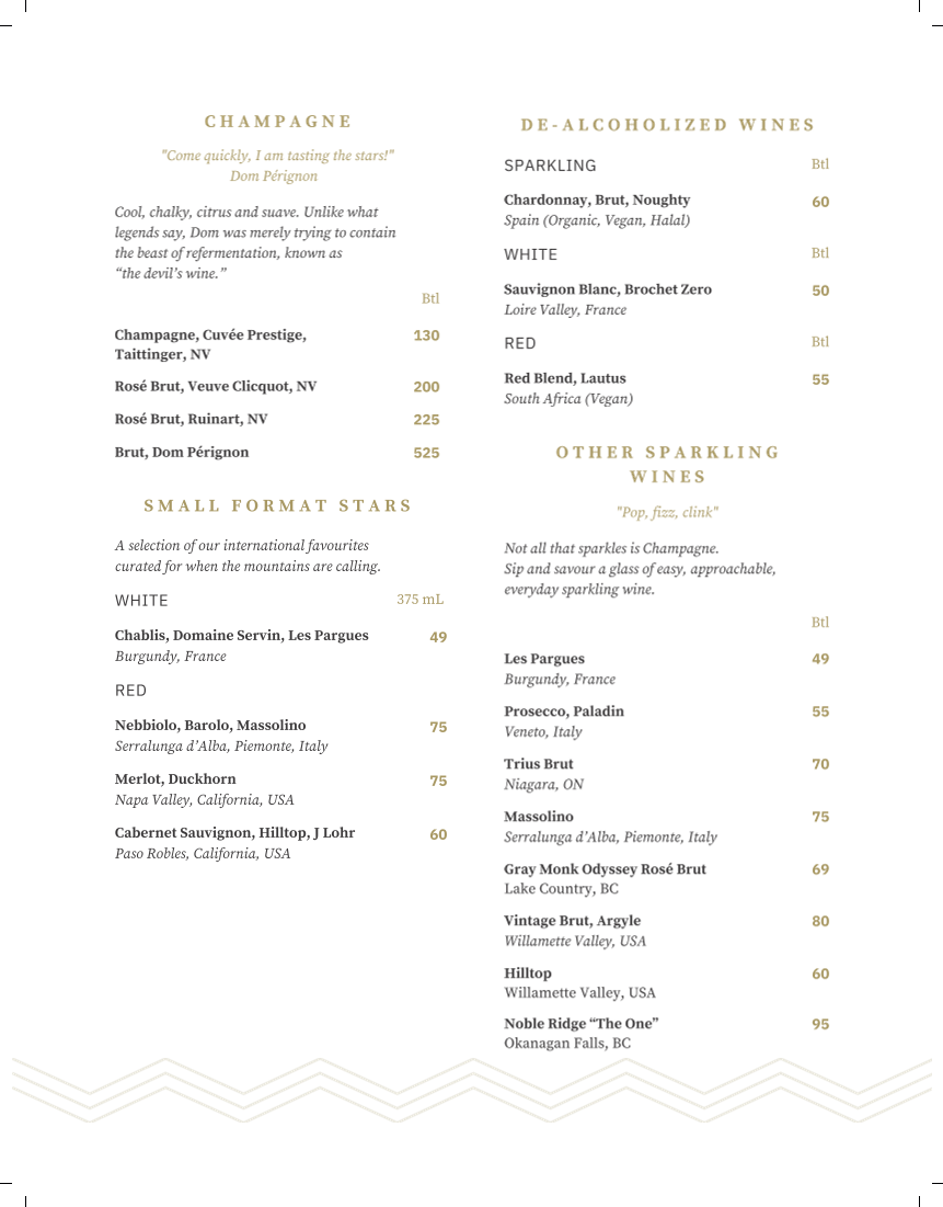 Menu, Sky Bistro