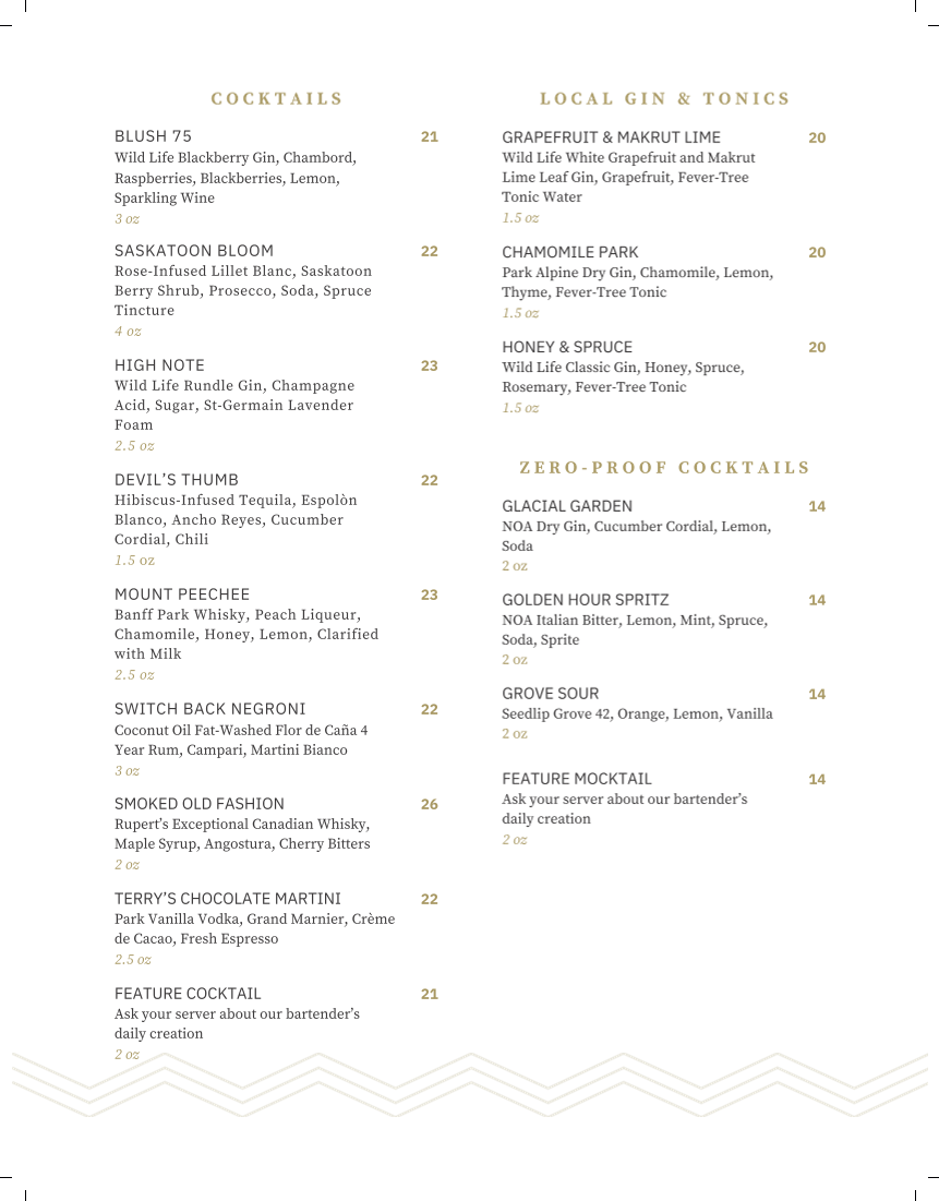 Menu, Sky Bistro