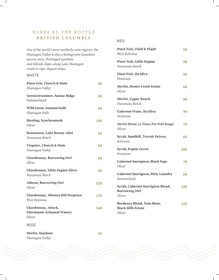 Menu, Sky Bistro
