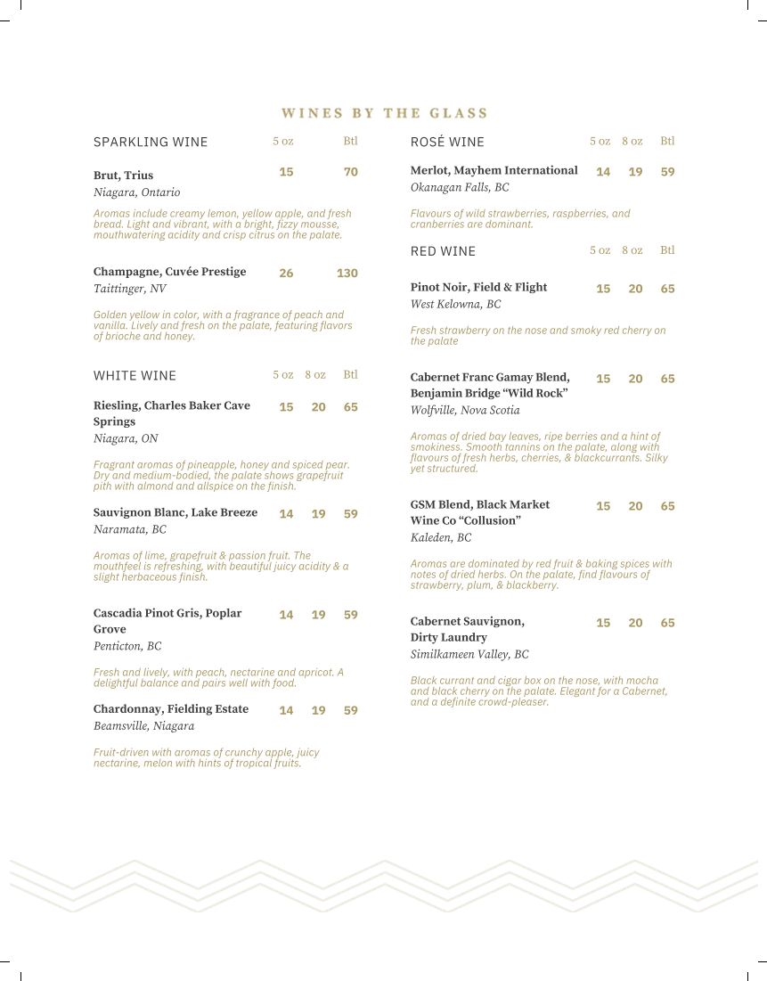 Menu, Sky Bistro
