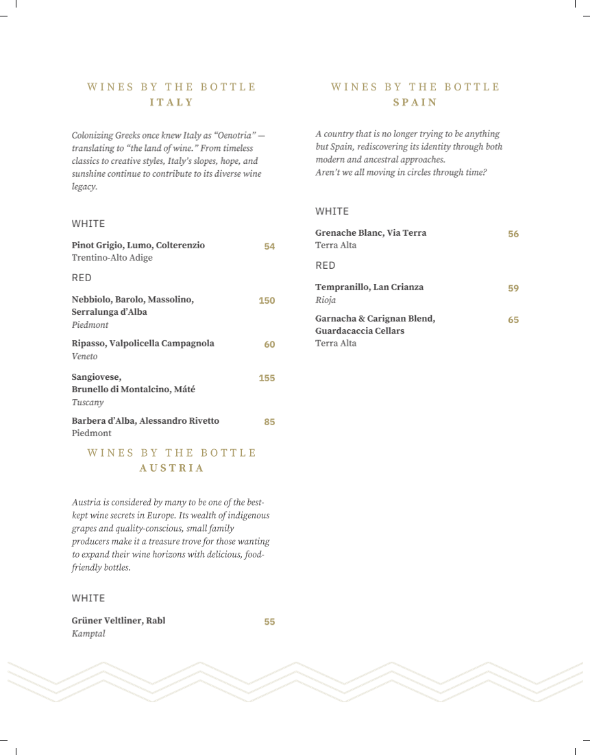 Menu, Sky Bistro