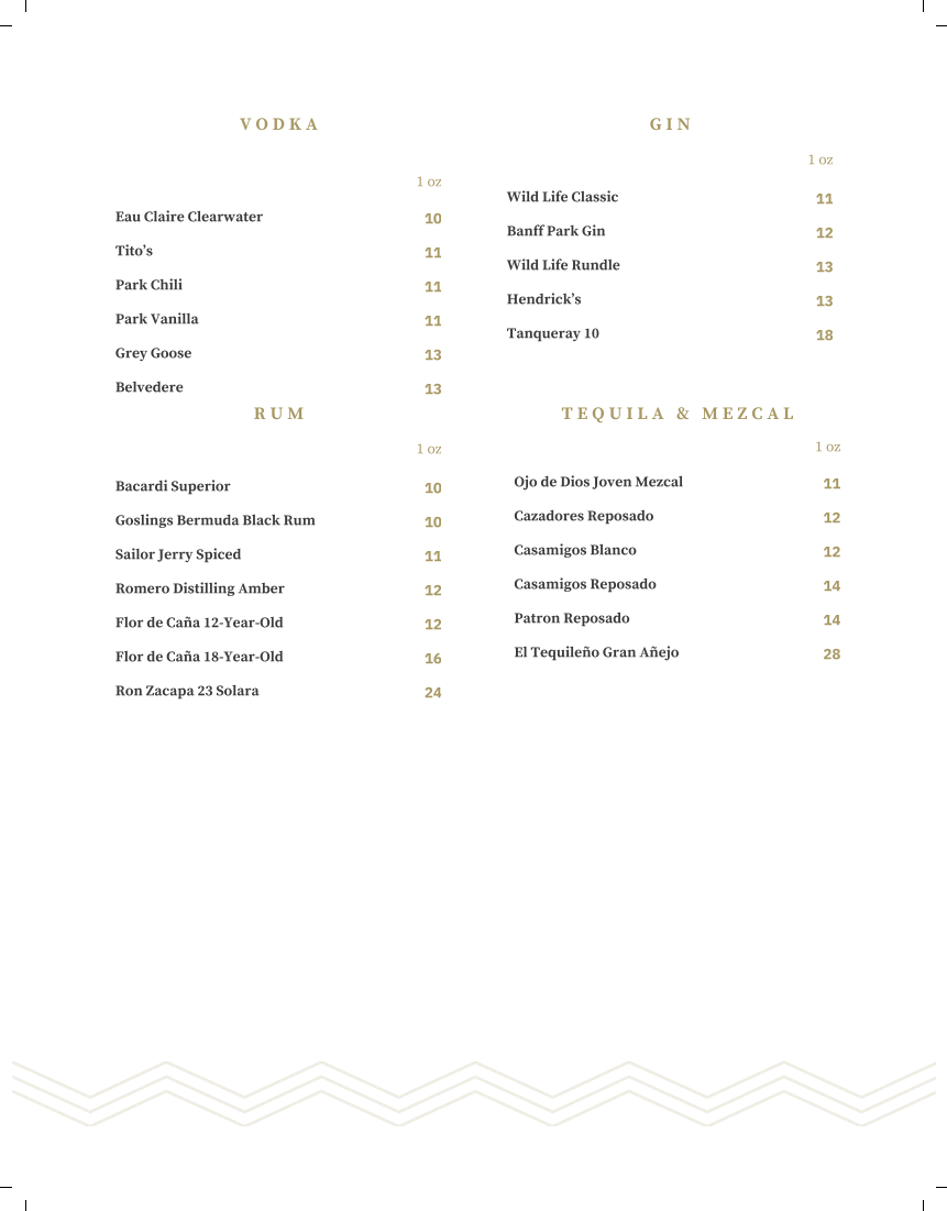 Menu, Sky Bistro