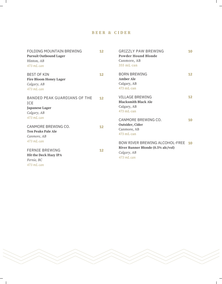 Menu, Sky Bistro