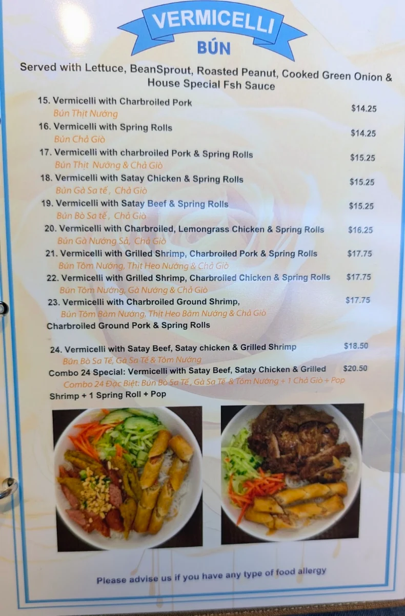 Menu, TOA Vietnamese Cuisine
