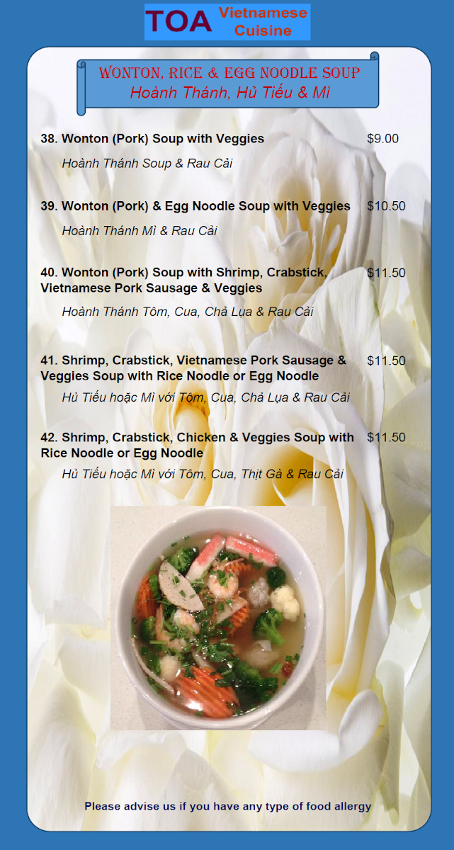 Menu, TOA Vietnamese Cuisine