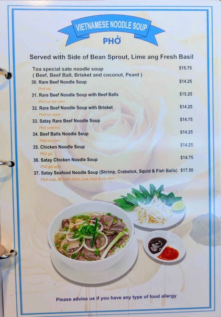 Menu, TOA Vietnamese Cuisine