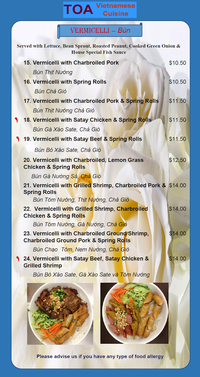 Menu, TOA Vietnamese Cuisine
