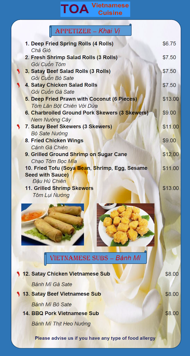Menu, TOA Vietnamese Cuisine