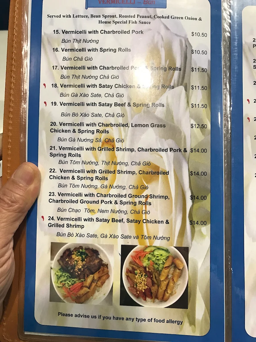 Menu, TOA Vietnamese Cuisine