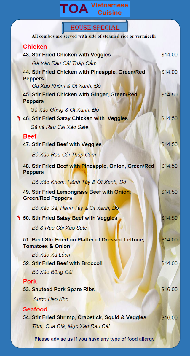 Menu, TOA Vietnamese Cuisine