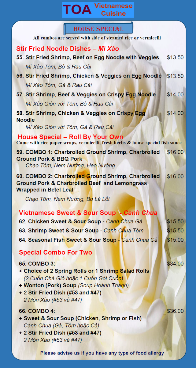 Menu, TOA Vietnamese Cuisine