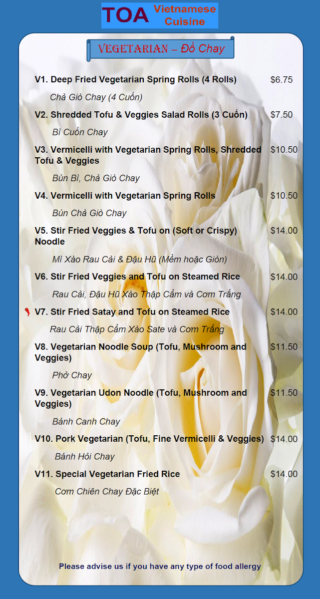 Menu, TOA Vietnamese Cuisine