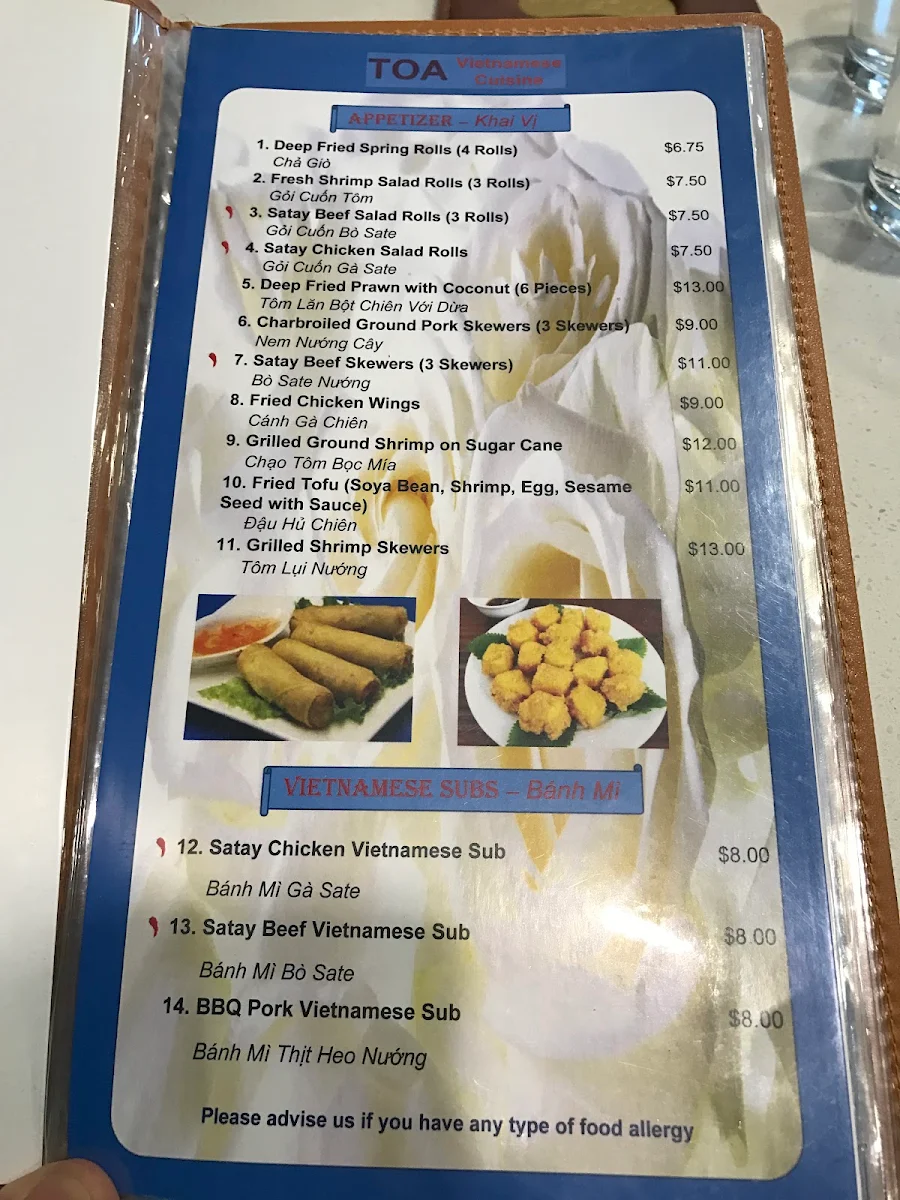 Menu, TOA Vietnamese Cuisine