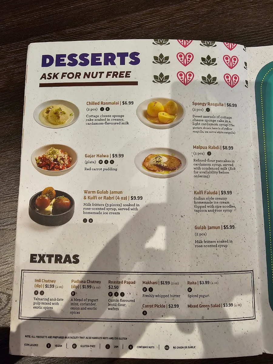 Menu, Brar’s Erin Mills (Mississauga)