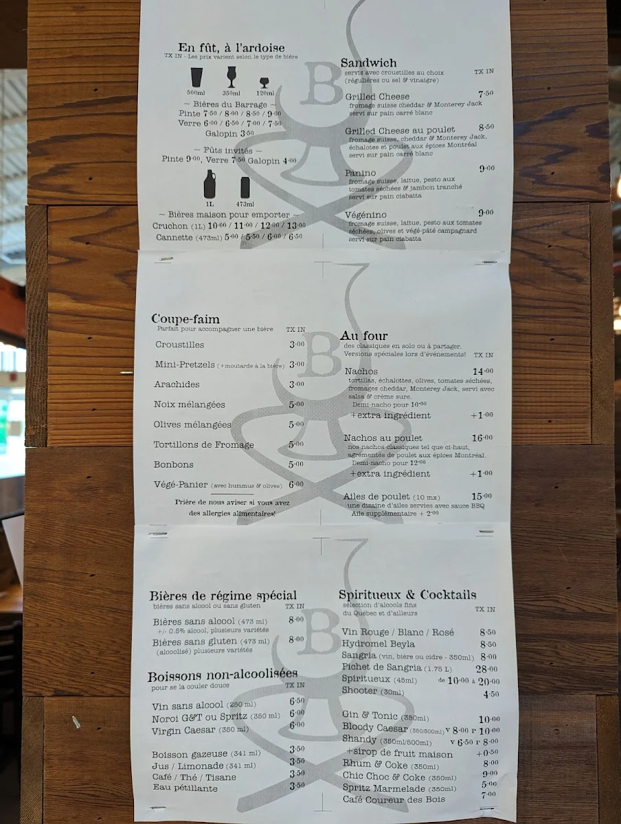 Menu, Le Barrage - Brasseurs