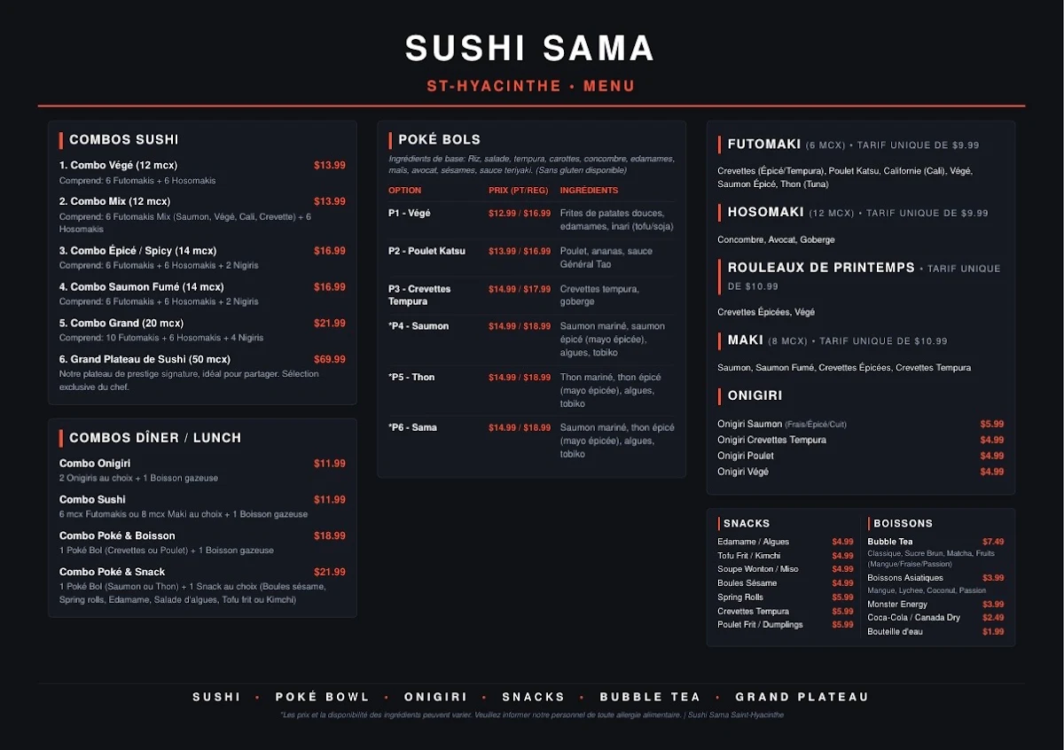 Menu, Sushi Sama St-Hyacinthe