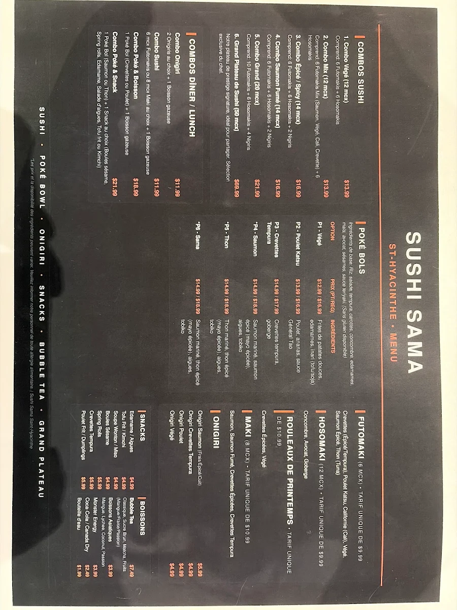 Menu, Sushi Sama St-Hyacinthe