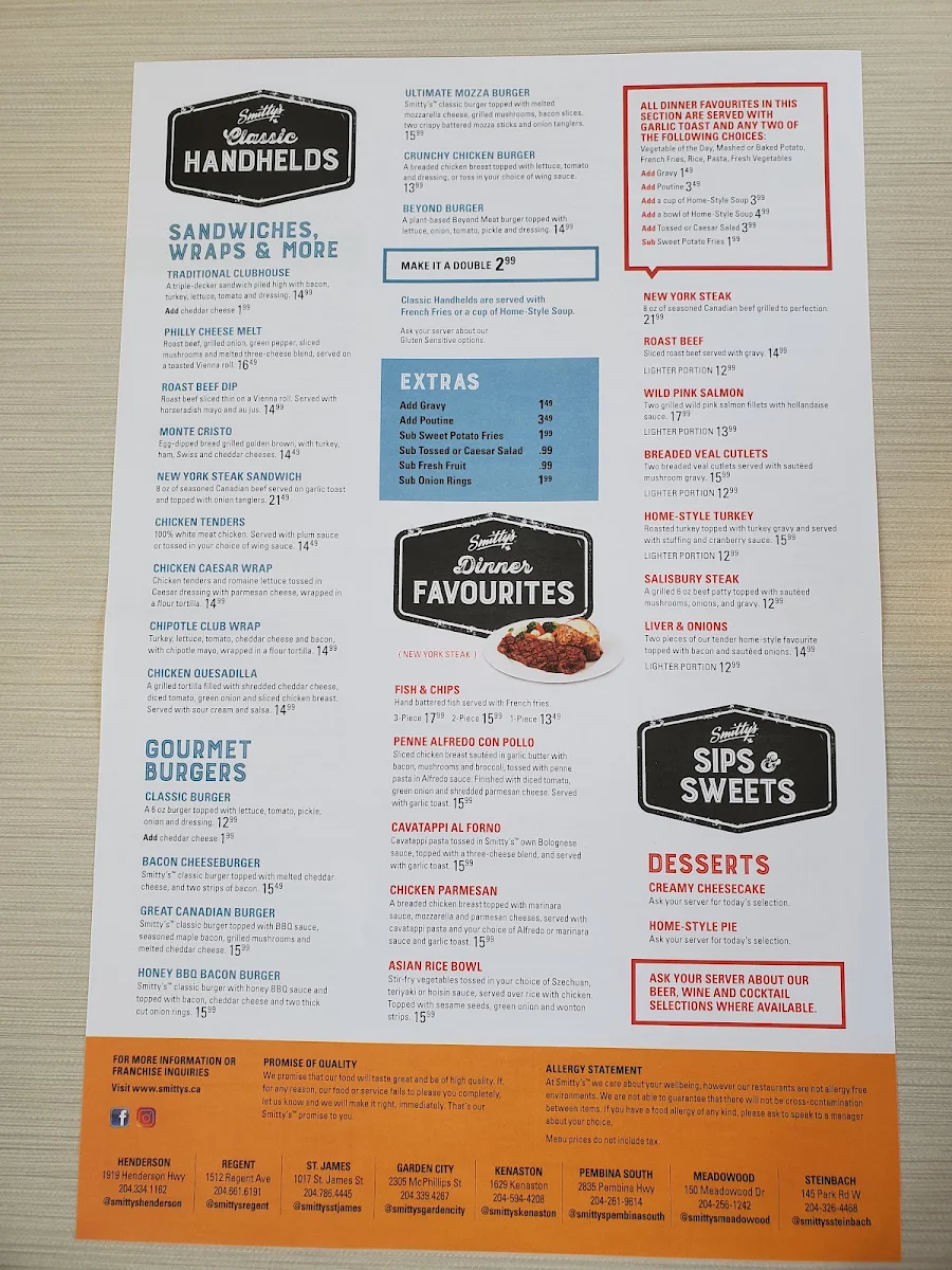 Menu, Smitty's Restaurant & Lounge - Winnipeg Regent