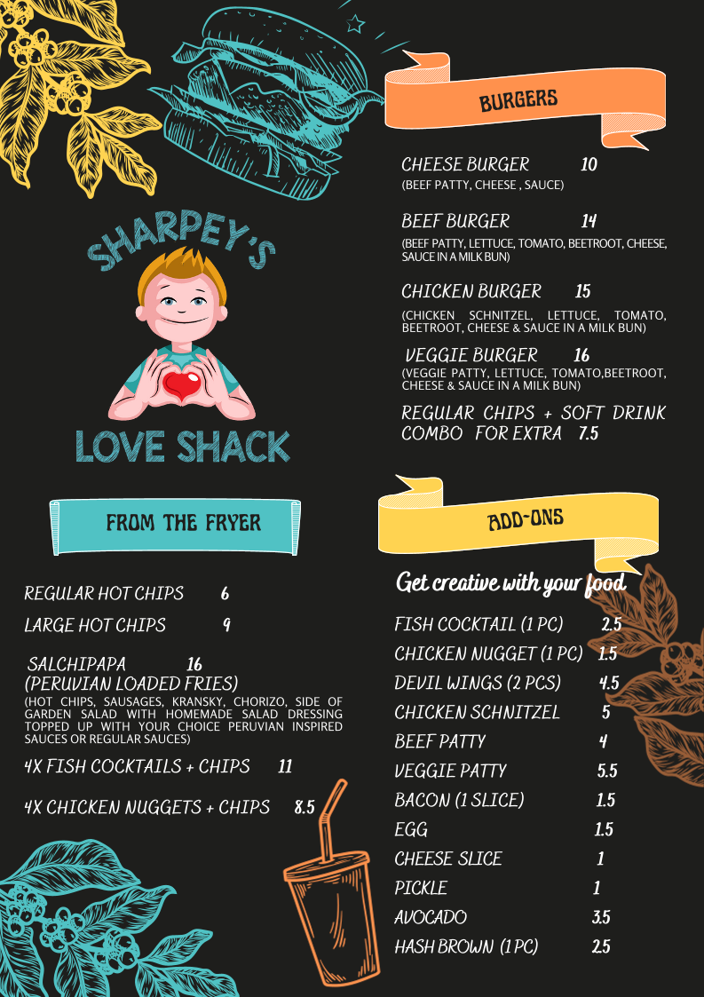 Menu, Sharpey’s love shack
