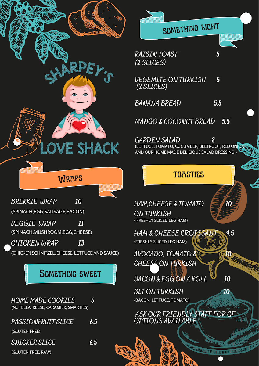 Menu, Sharpey’s love shack