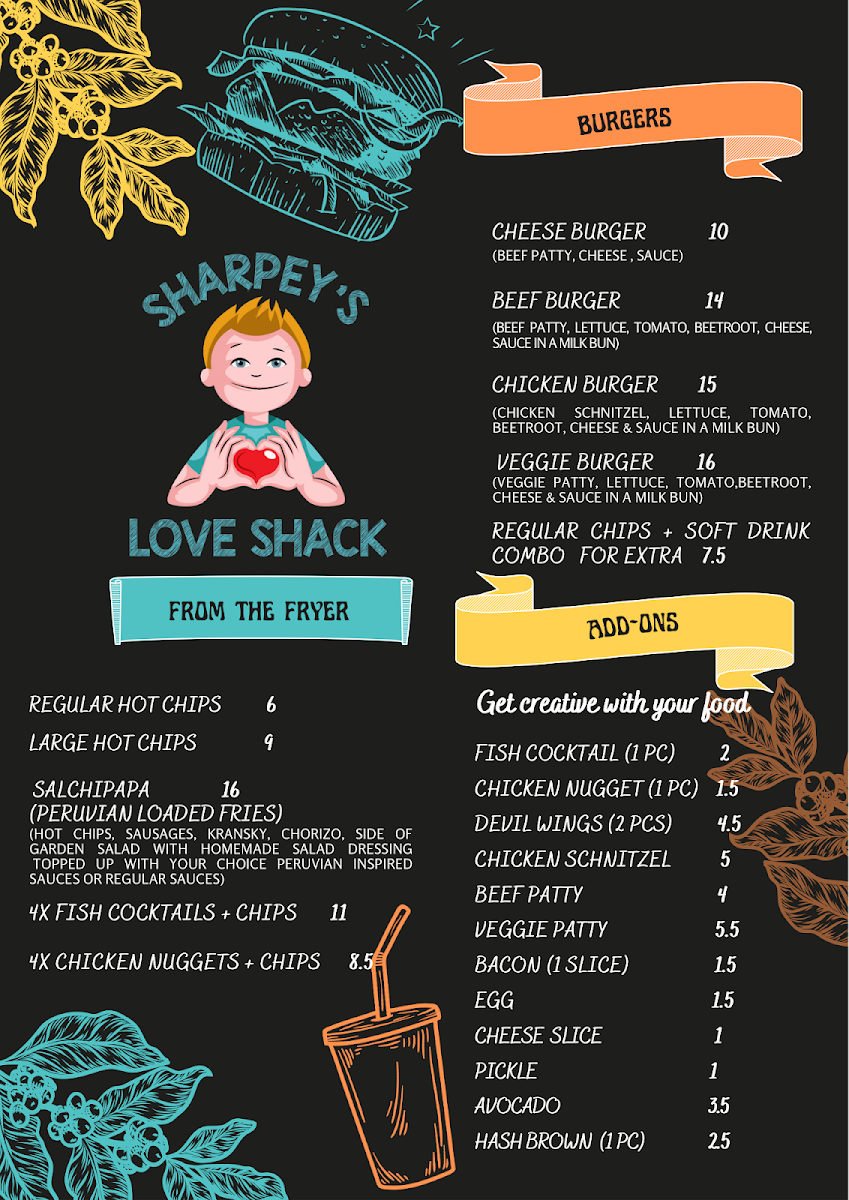 Menu, Sharpey’s love shack