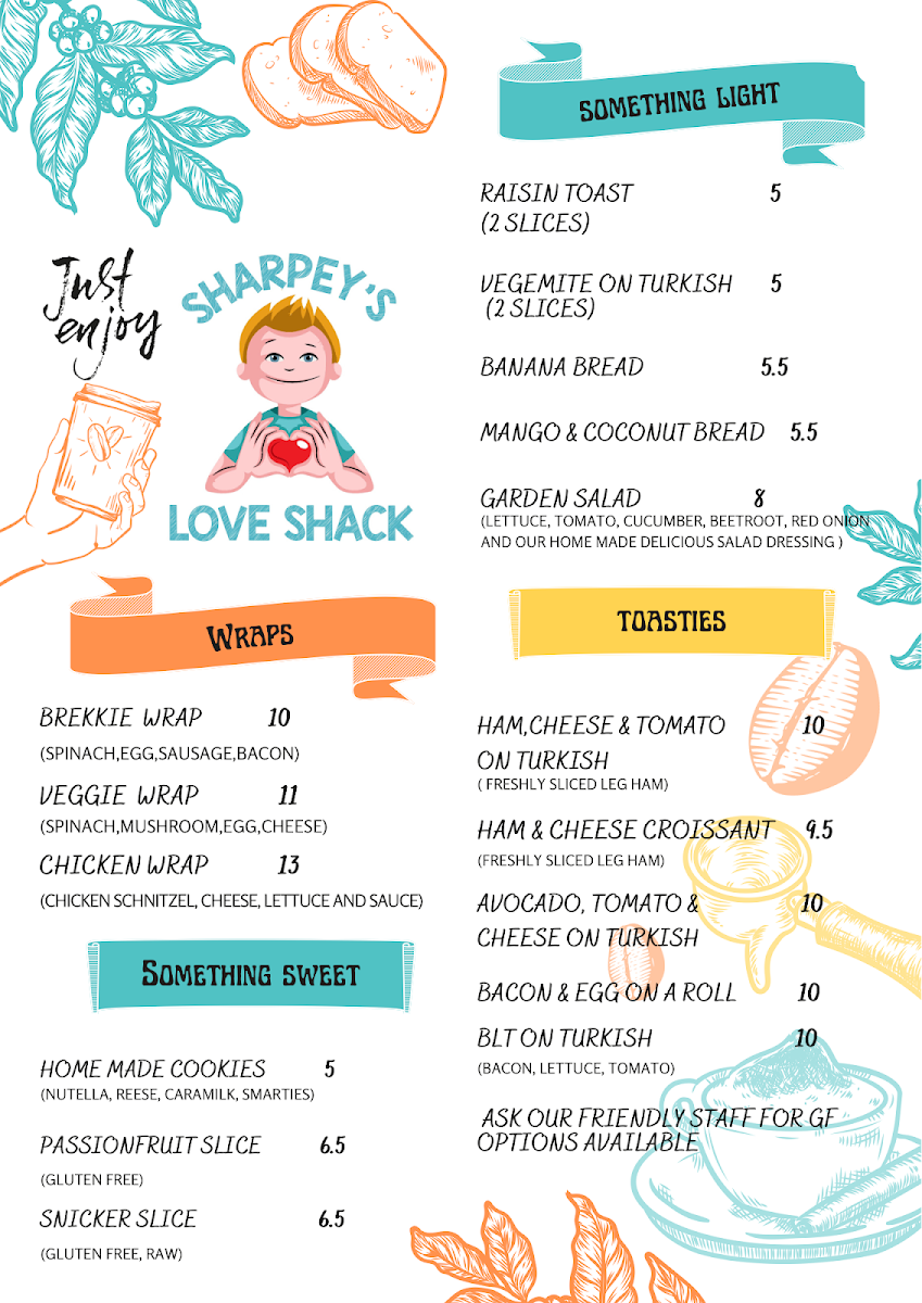 Menu, Sharpey’s love shack