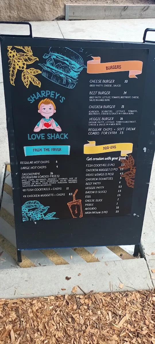 Menu, Sharpey’s love shack