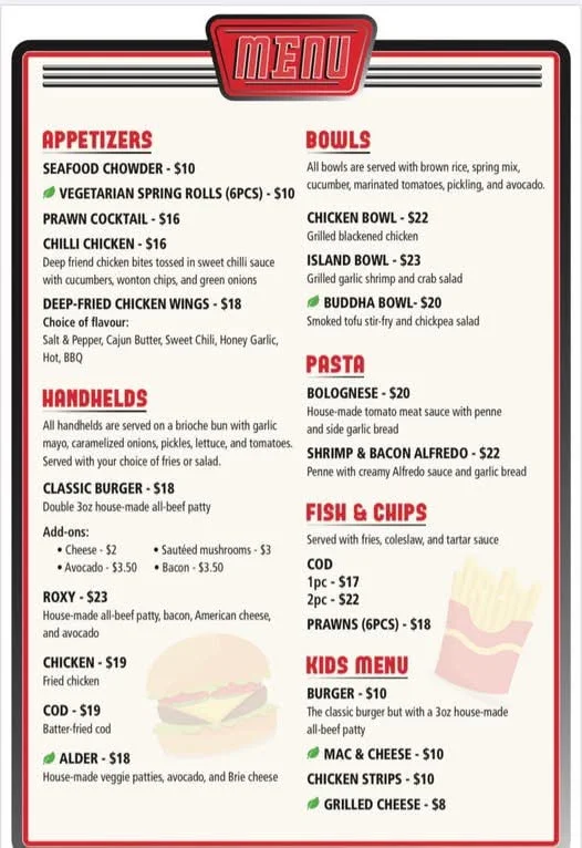 Menu, Roxy's Diner Food Truck at Alder Bay