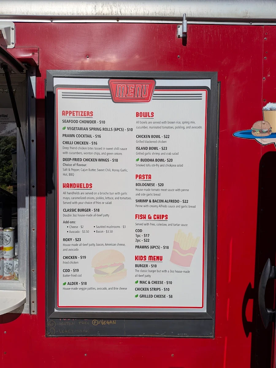Menu, Roxy's Diner Food Truck at Alder Bay