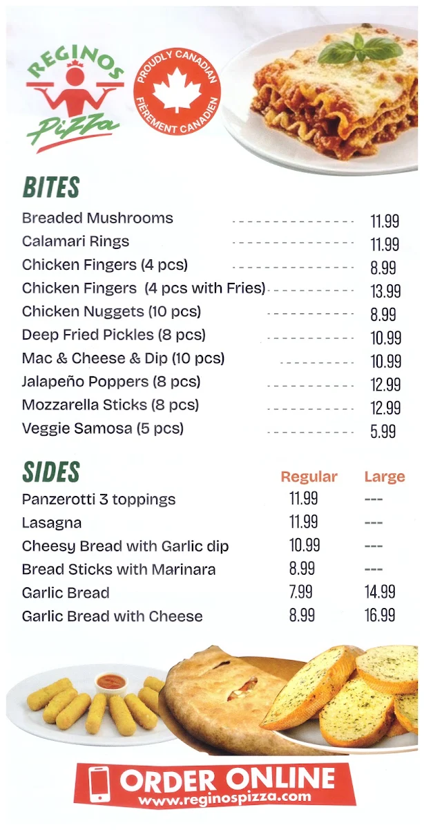 Menu, Regino's Pizza