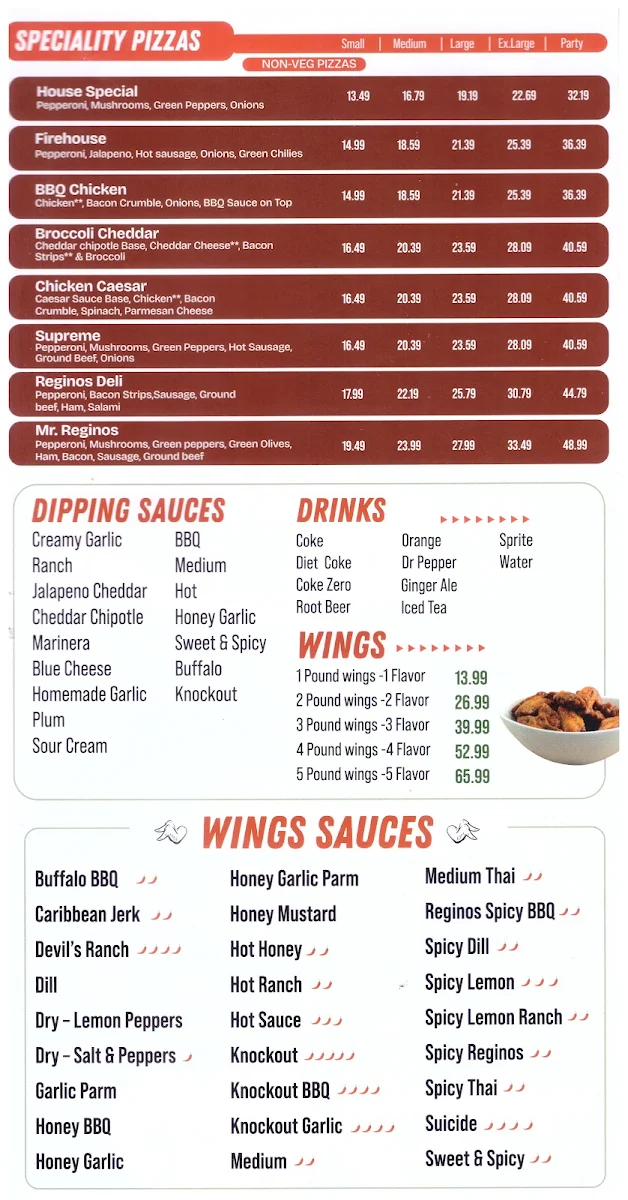Menu, Regino's Pizza