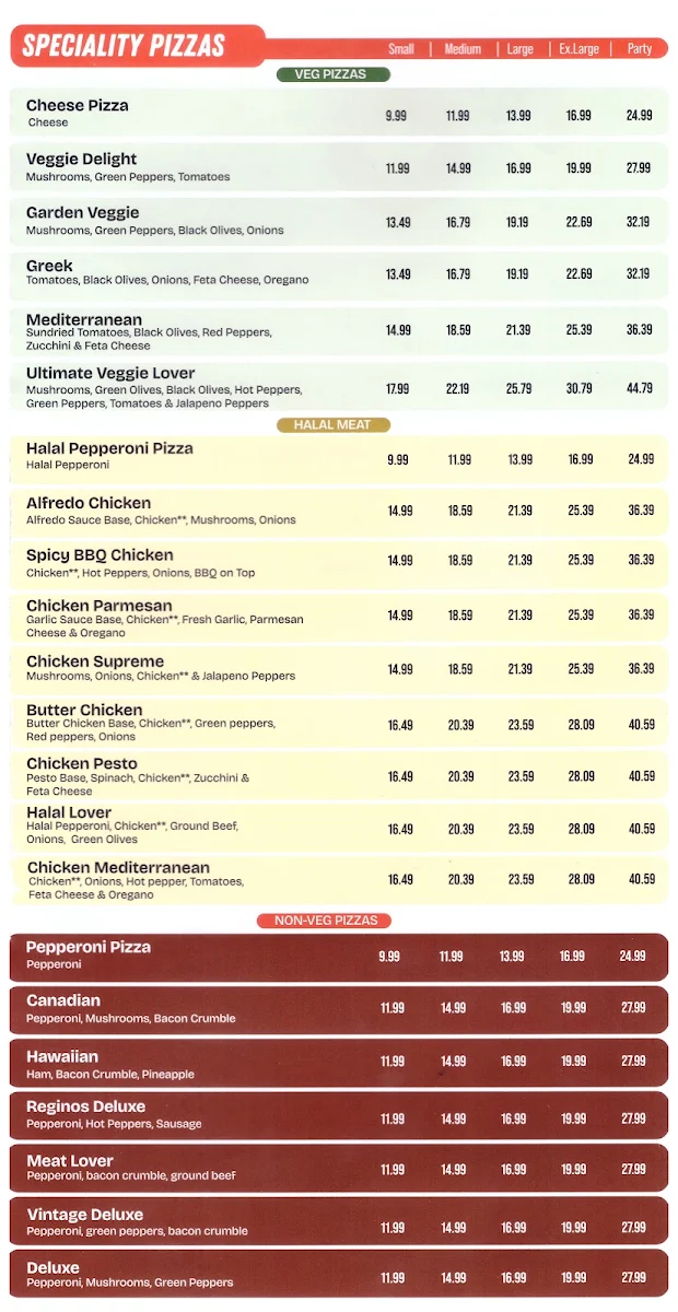 Menu, Regino's Pizza
