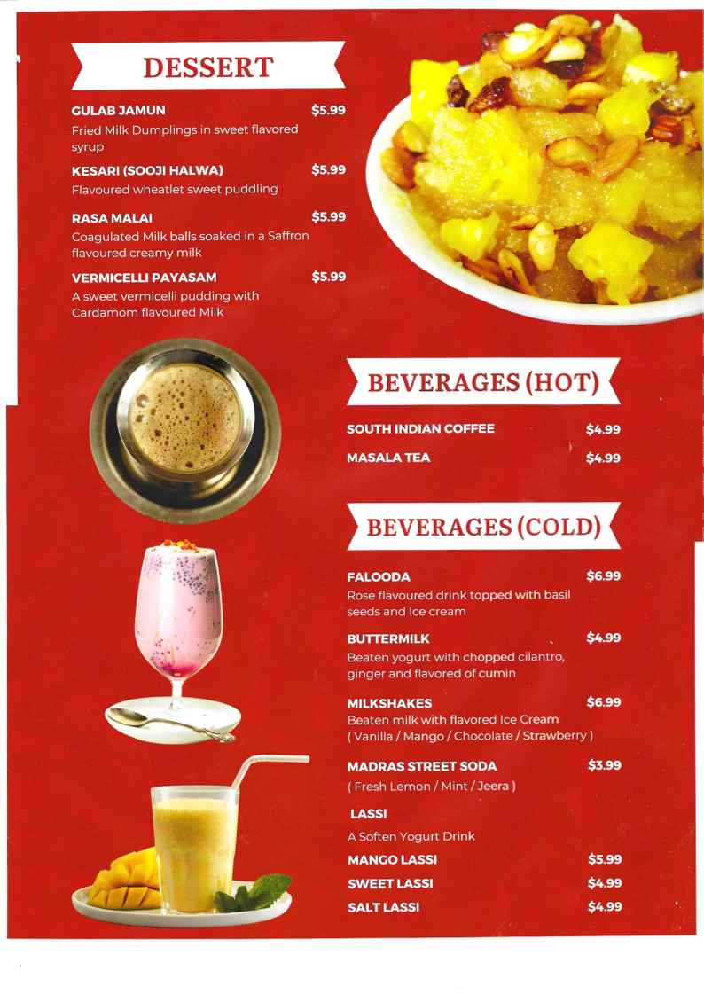 Menu, Madras Cafe