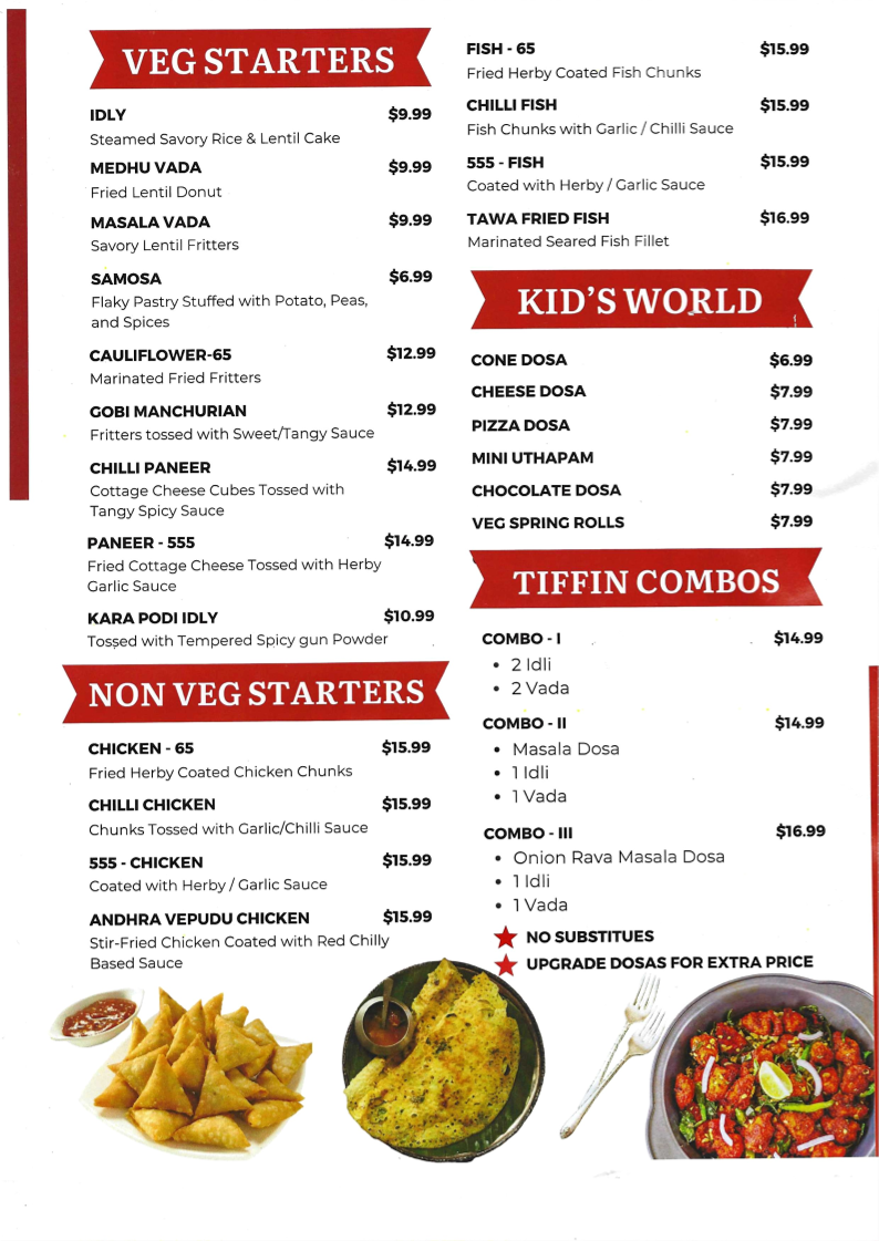 Menu, Madras Cafe