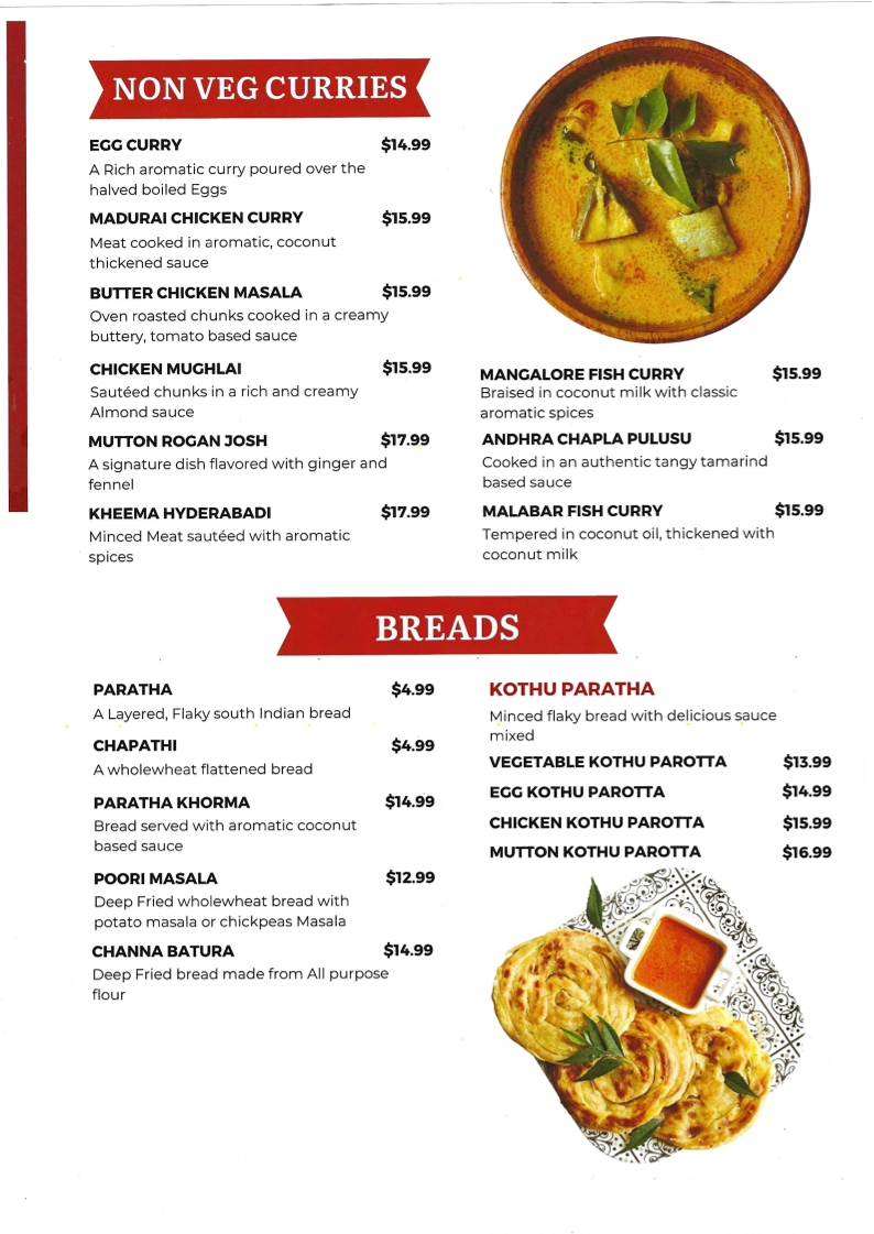 Menu, Madras Cafe