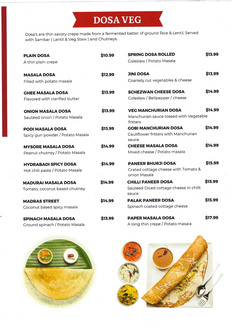 Menu, Madras Cafe
