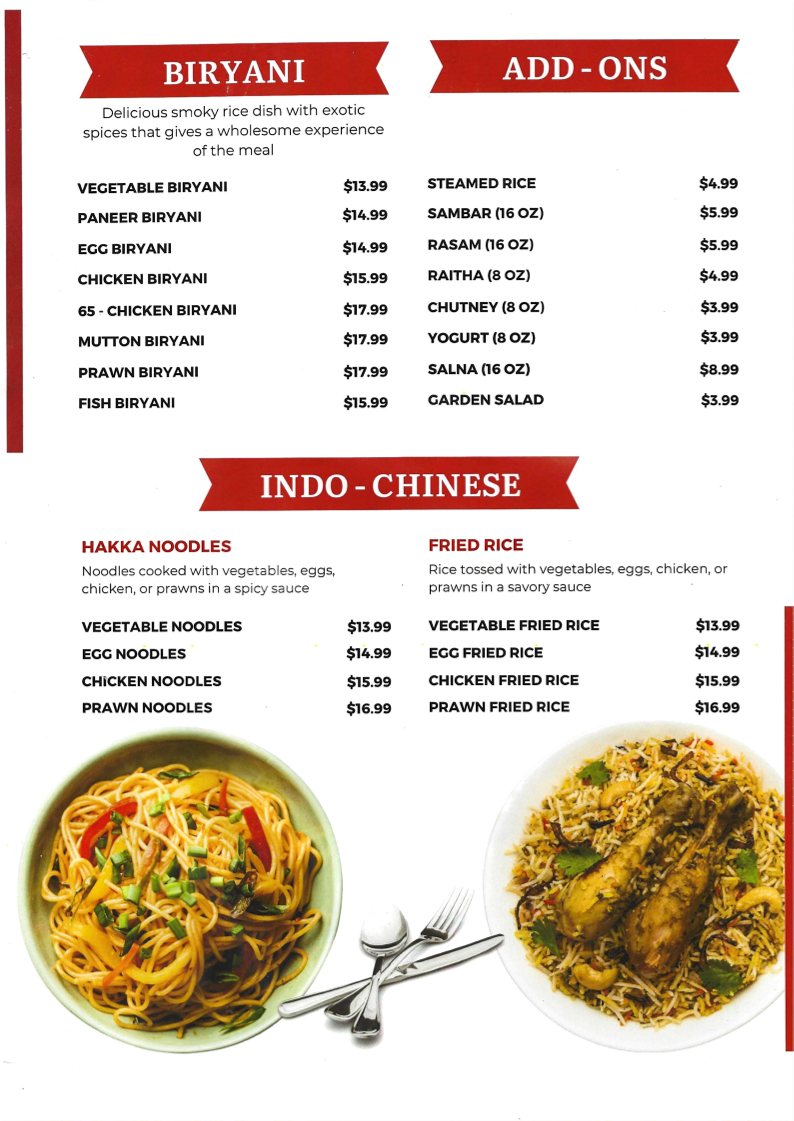 Menu, Madras Cafe